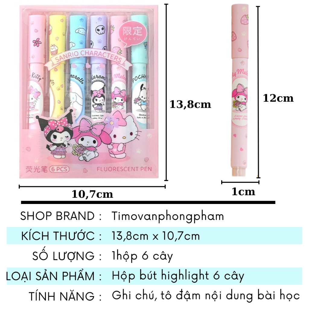 Bút Dạ Quang Highlight Pastel Set 6 Cây Nhớ Đánh Dấu Đồ Dùng Học Tập Kuromi VPHL15