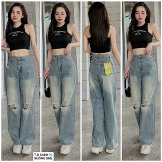 Quần jean ống suông mài đùi rách 2 bên gối cạp cao chất jean