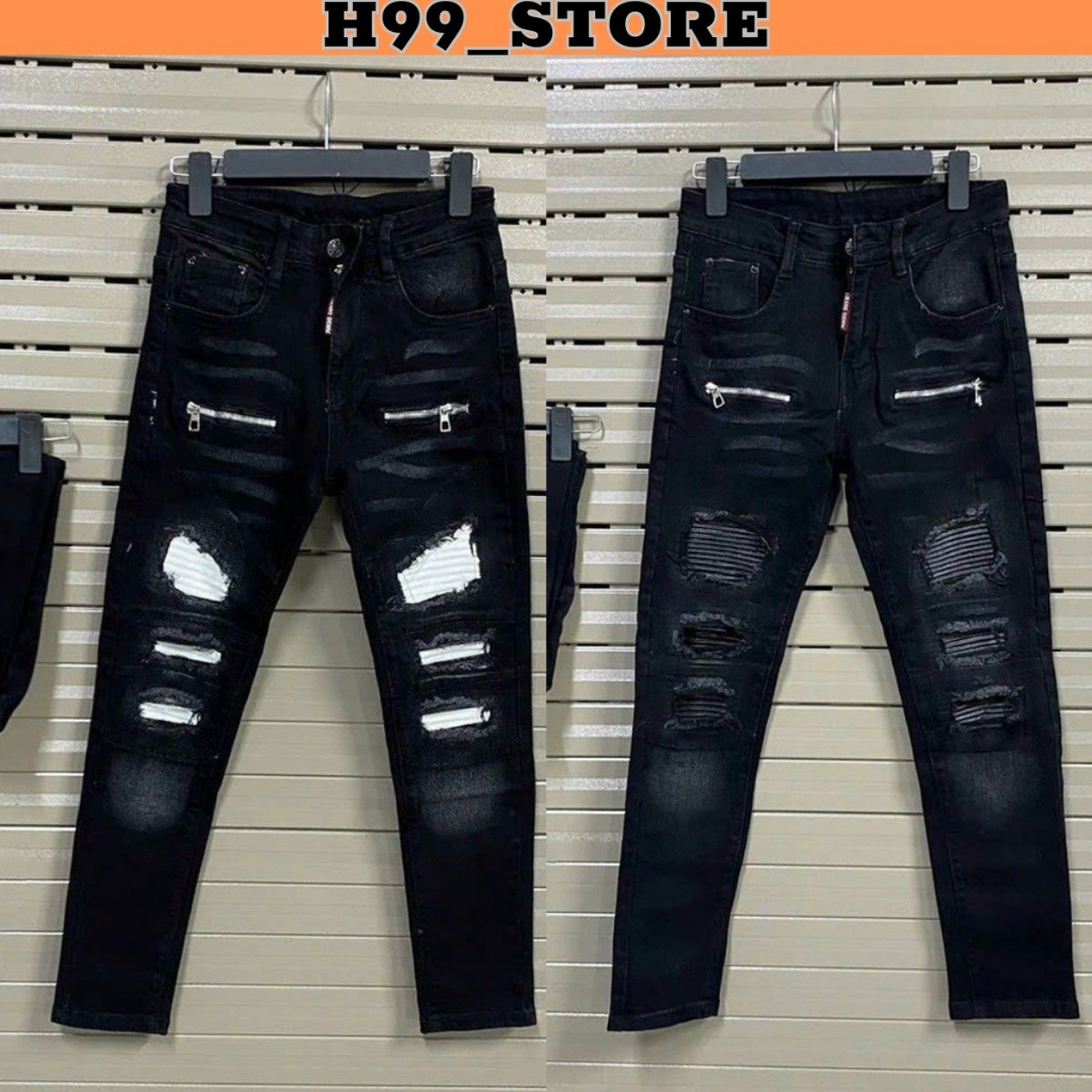 Quần jean nam vá trắng phối dây kéo cao cấp rách xước chất jean chuẩn dày đẹp chất lượng shop H99_STORE