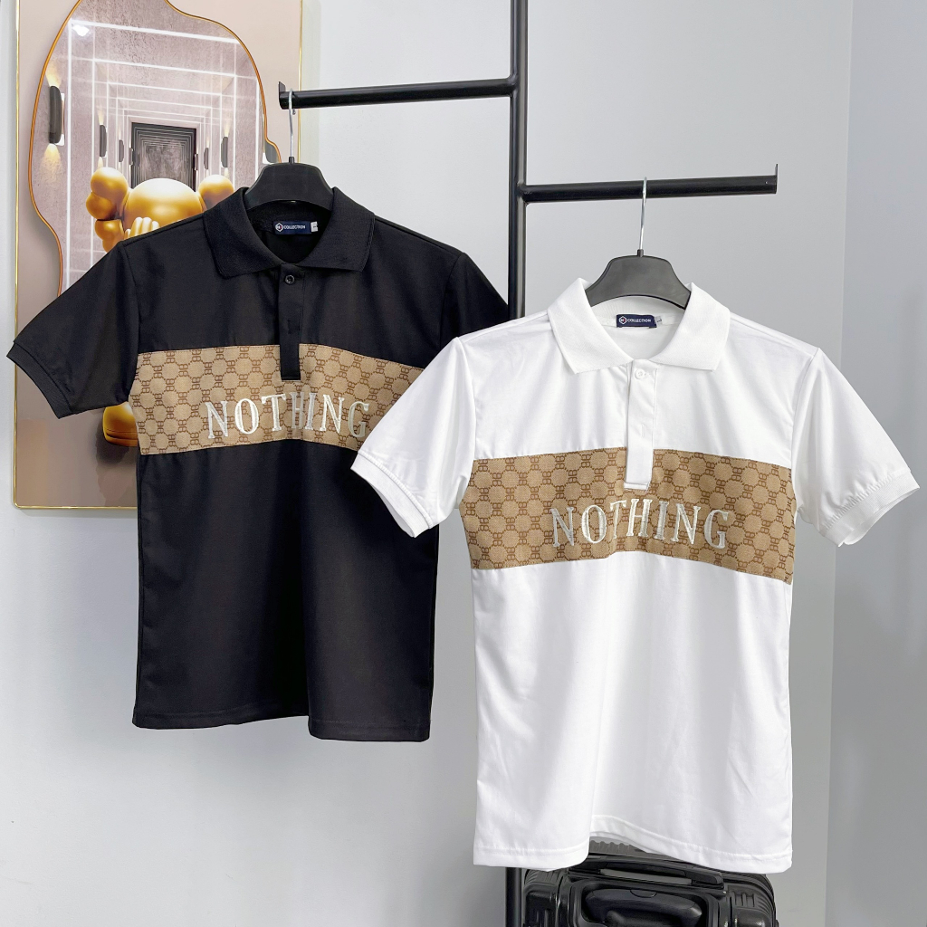 Áo thun POLO nam có cổ tay ngắn in chữ phối sọc vai chất vải coton đẹp giá rẻ
