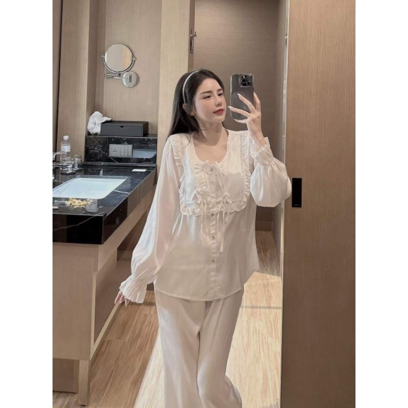 Bộ pizama nữ lụa xướt tay dài tiểu thư