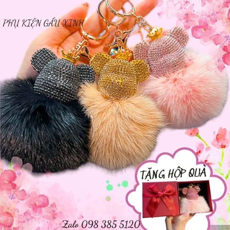 Móc khóa gấu đính đá lông chồn mix vương miện, phụ kiện charm treo túi sang chảnh