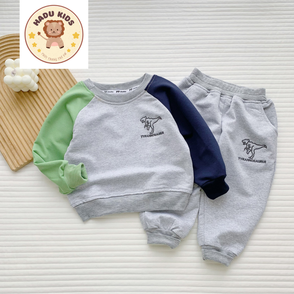 Bộ thu đông bé trai, bộ dài tay cho bé THÊU KHỦNG LONG chất nỉ da cá, đường may đẹp - HADU KIDS 11-27kg