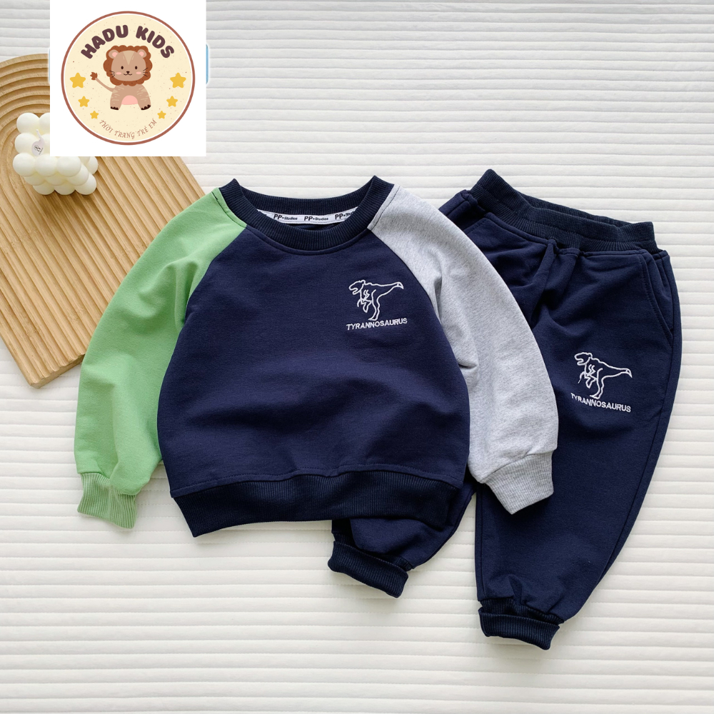 Bộ thu đông bé trai, bộ dài tay cho bé THÊU KHỦNG LONG chất nỉ da cá, đường may đẹp - HADU KIDS 11-27kg