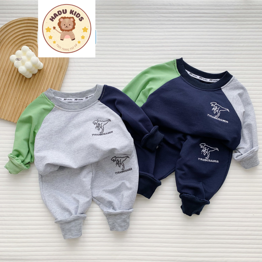 Bộ thu đông bé trai, bộ dài tay cho bé THÊU KHỦNG LONG chất nỉ da cá, đường may đẹp - HADU KIDS 11-27kg