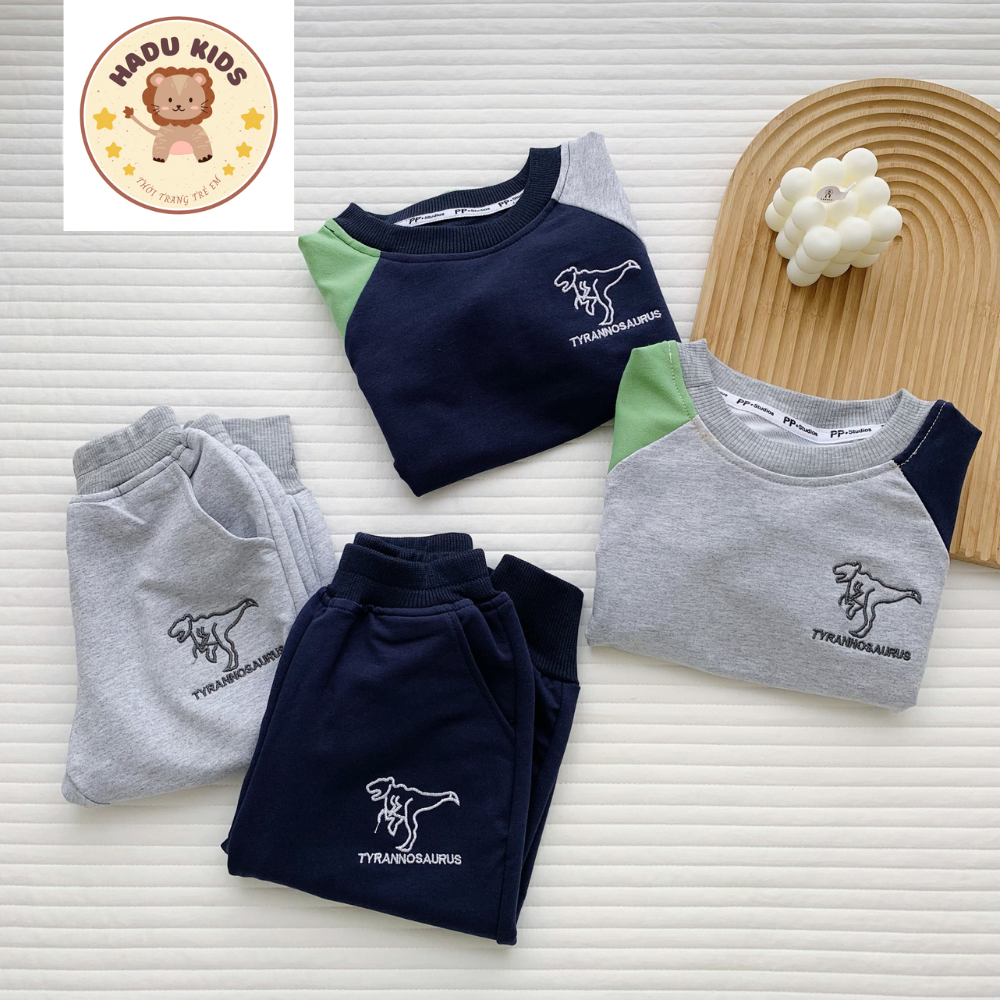 Bộ thu đông bé trai, bộ dài tay cho bé THÊU KHỦNG LONG chất nỉ da cá, đường may đẹp - HADU KIDS 11-27kg