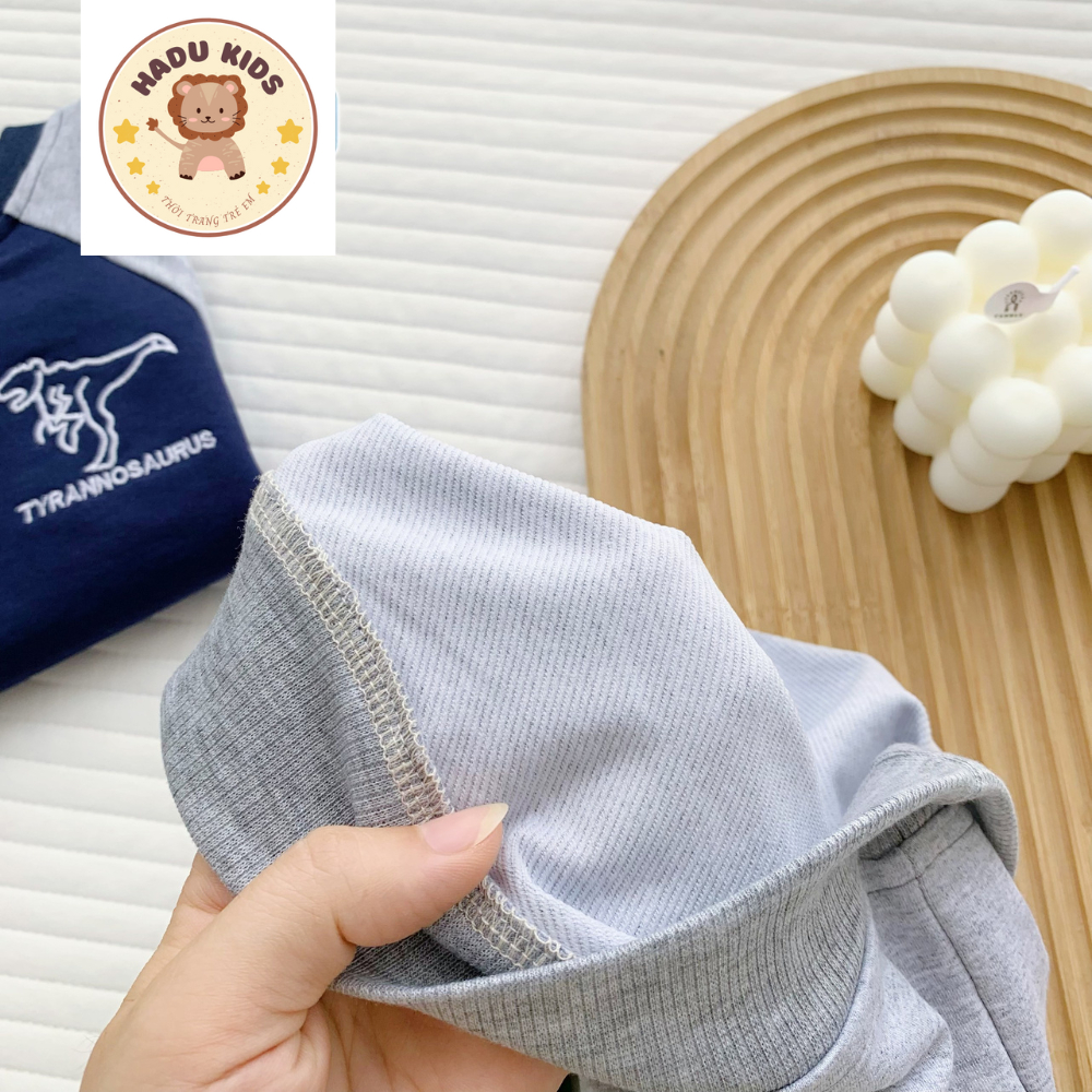Bộ thu đông bé trai, bộ dài tay cho bé THÊU KHỦNG LONG chất nỉ da cá, đường may đẹp - HADU KIDS 11-27kg
