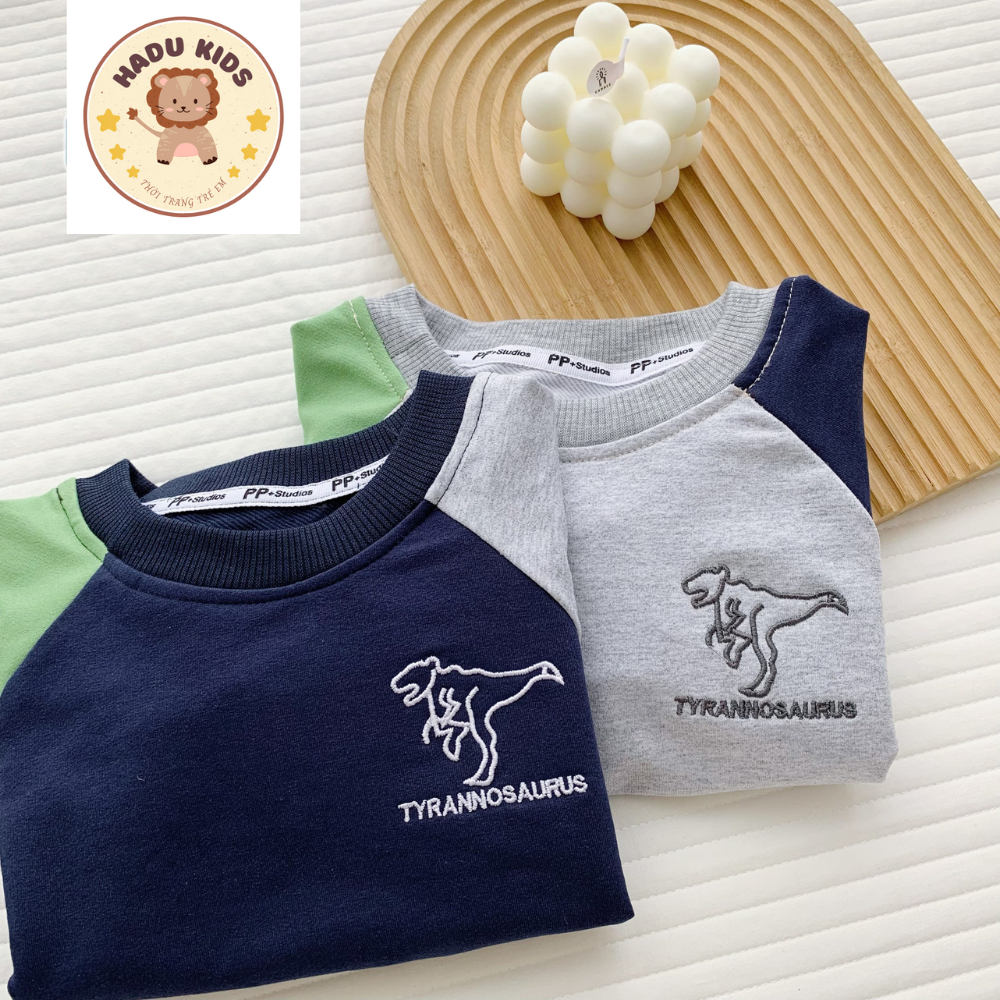 Bộ thu đông bé trai, bộ dài tay cho bé THÊU KHỦNG LONG chất nỉ da cá, đường may đẹp - HADU KIDS 11-27kg