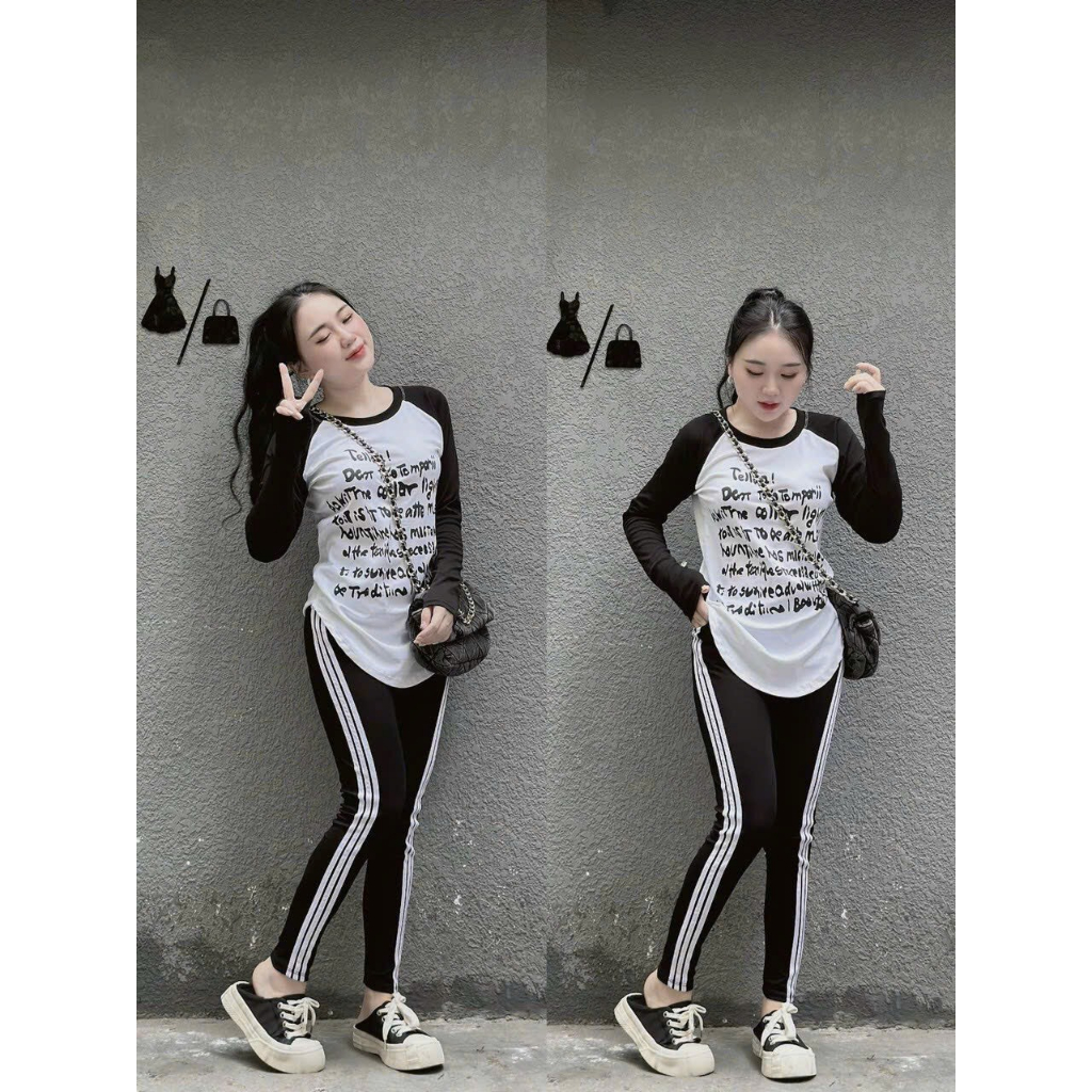 Set bộ đồ nữ,set thun tay dài in chữ phối màu quần dài viền sọc thể thao chất cotton kèm hình thật - SHOPNGOO