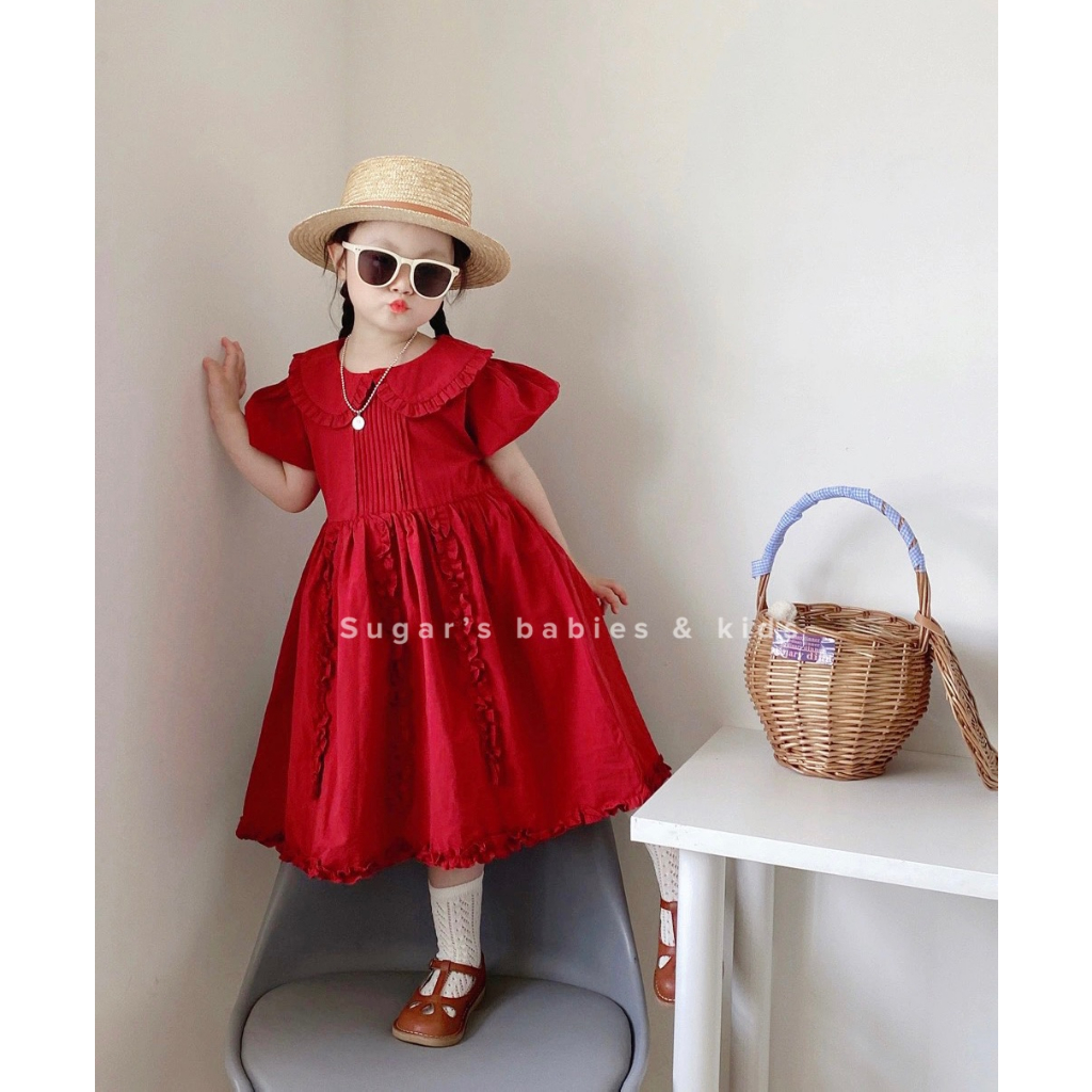 Váy babydoll cổ sen bèo đỏ siêu sang cho bé