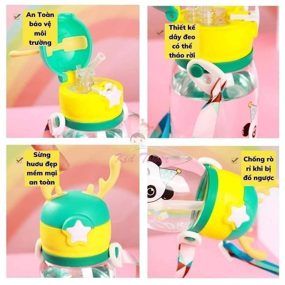 Bình nước ống hút trẻ em 450ml, bình cho bé hình sương miện dễ thương có dây đeo tiện lợi an toàn