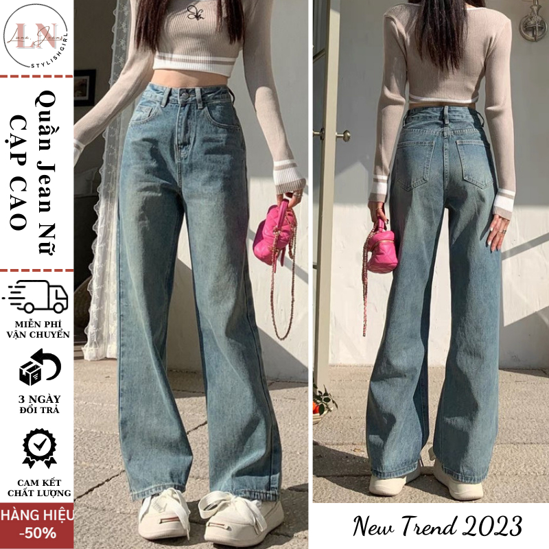 Quần jean nữ ống rộng màu Vintage cạp cao LUNA JEAN, Quần bò jean nữ phong cách Retro Ulzzang 2023