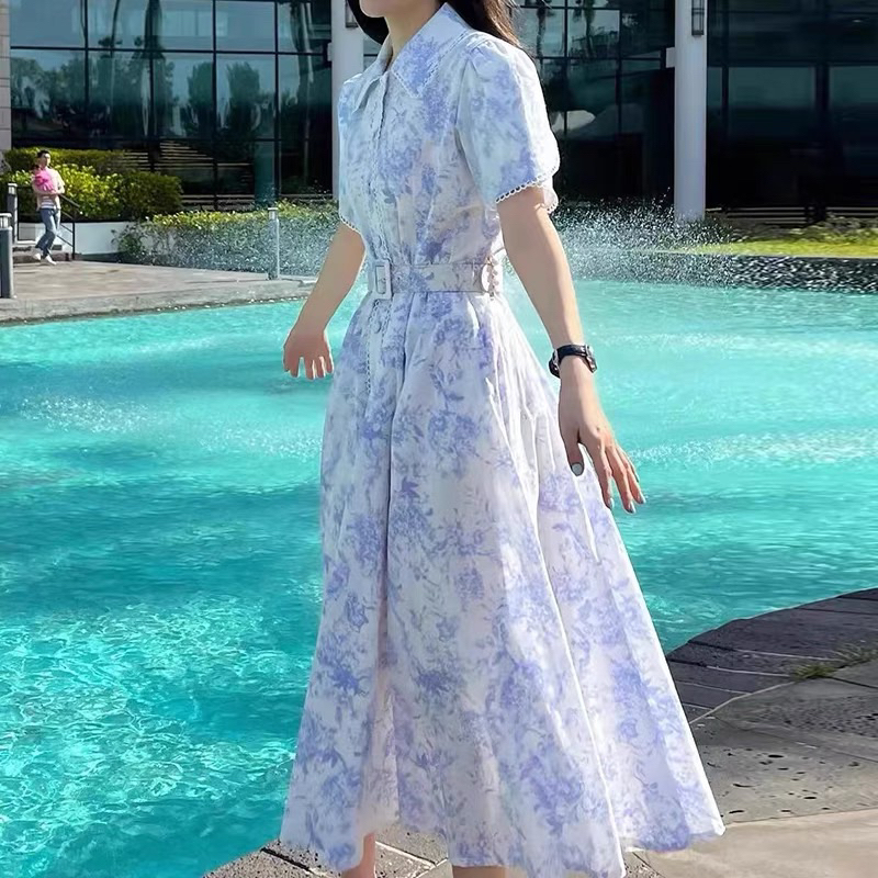Đầm sơ mi hoạ tiết xanh