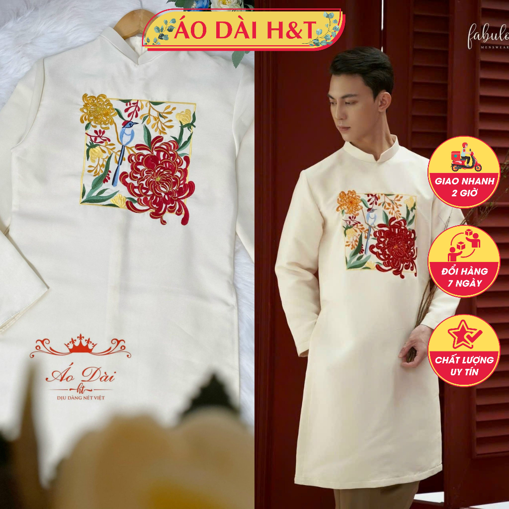 Áo dài cách tân nam chất tafta thêu họa tiết sang trọng dành cho các anh - Áo Dài Sài Gòn H&T