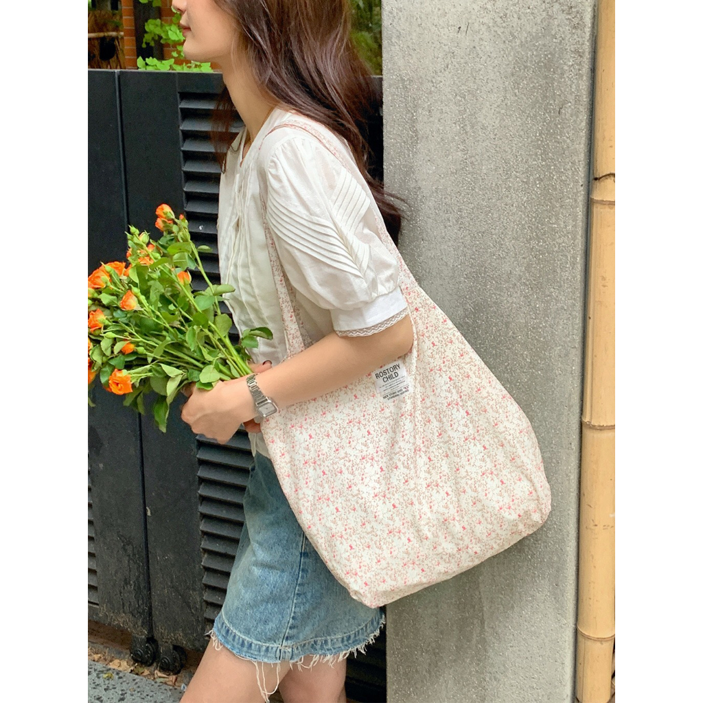 (CÓ SẴN) Túi vải cotton mỏng nhẹ, may 2 lớp đeo vai hoạ tiết hoa nhí Vintage Phong cách Hàn Quốc (41 x 40cm) | BigBuy360 - bigbuy360.vn