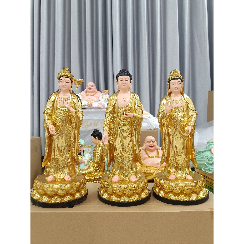 Bộ tượng phật Tây phương tam thánh đứng dát vàng cao 50