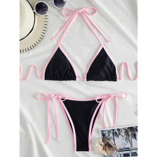 Set bikini hai mảnh cột dây đen hồng blackpink hàn quốc y2k - bijin set