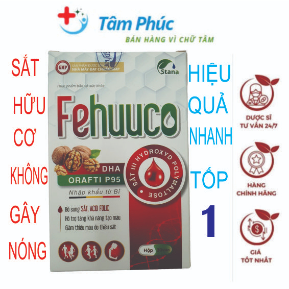 Sắt FEHUUCO bổ sung sắt vitamin b6 b9 b12 hỗ trợ tăng khă năng tạo máu giúp giảm thiếu máu do thiếu sắt HÔP 30V