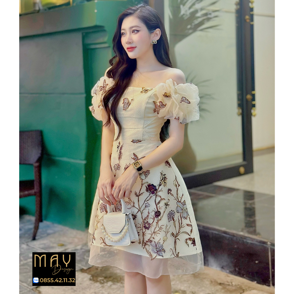 Đầm Thiết Kế MAY CH66 Chất Liệu Ren Phối Voan Đính Kết 3D Cao Cấp - Đầm Dự Tiệc Sang Trọng Chuẩn MAY