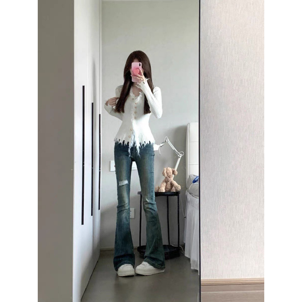 Quần jeans nữ ống loe rách đùi co giãn màu mài màu xanh bạc hack dáng MYRA