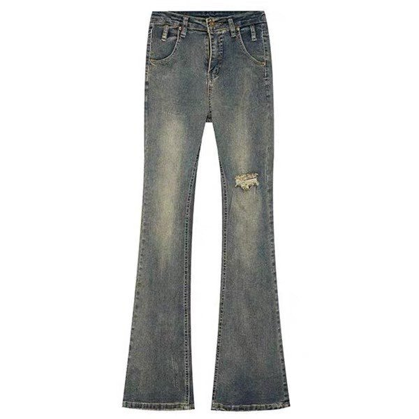 Quần jeans nữ ống loe rách đùi co giãn màu mài màu xanh bạc hack dáng MYRA