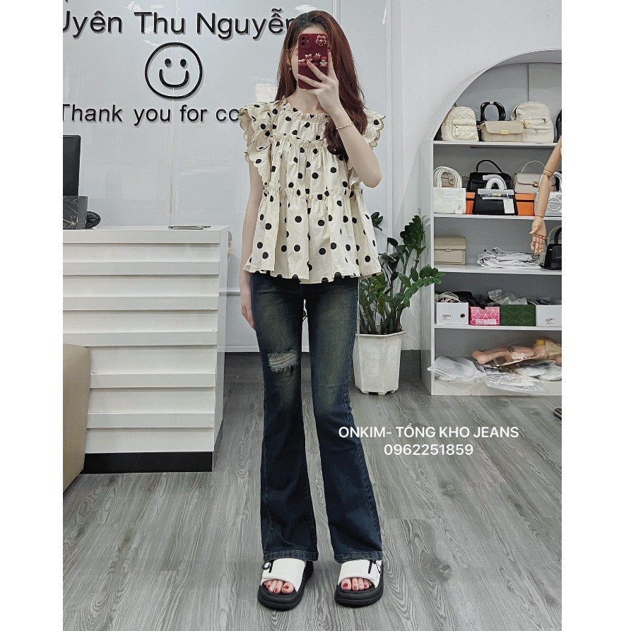 Quần jeans nữ ống loe rách đùi co giãn màu mài màu xanh bạc hack dáng MYRA