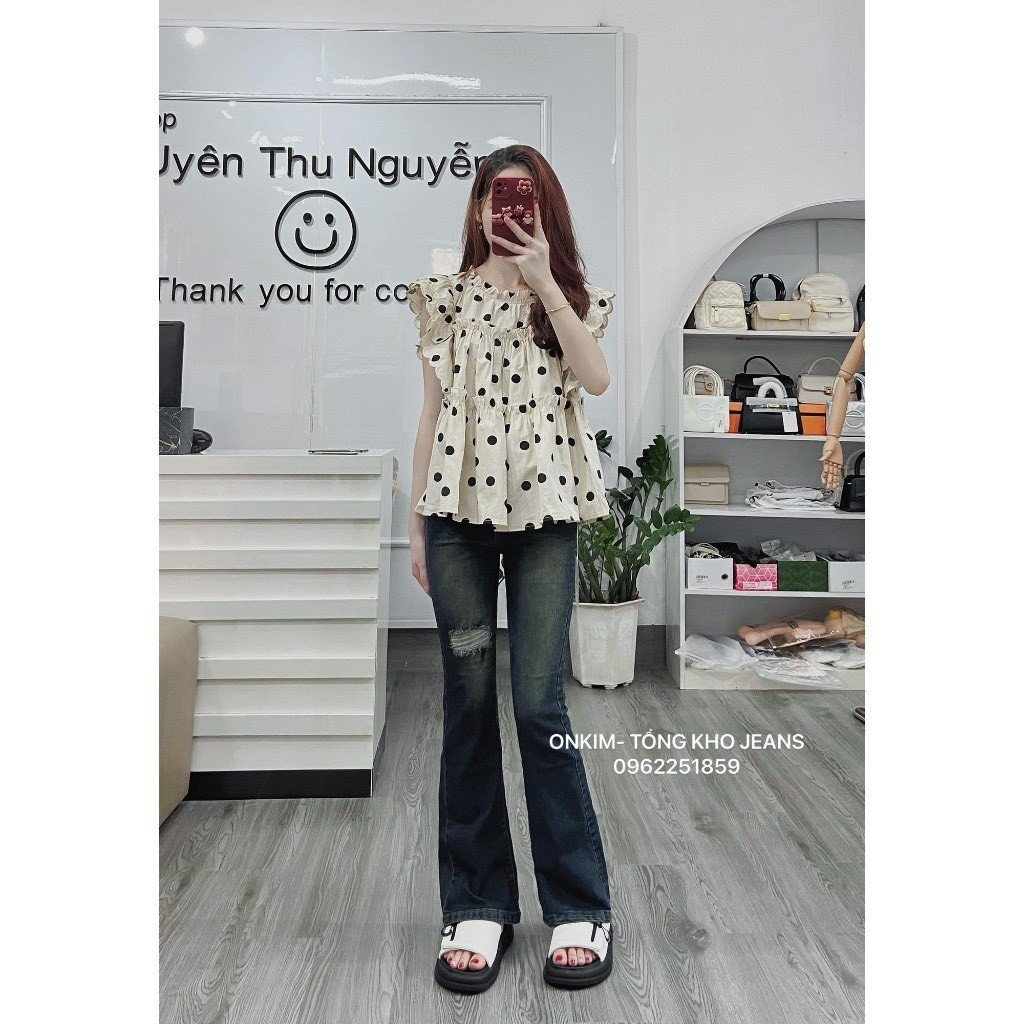 Quần jeans nữ ống loe rách đùi co giãn màu mài màu xanh bạc hack dáng MYRA