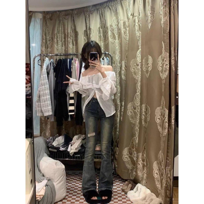 Quần jeans nữ ống loe rách đùi co giãn màu mài màu xanh bạc hack dáng MYRA