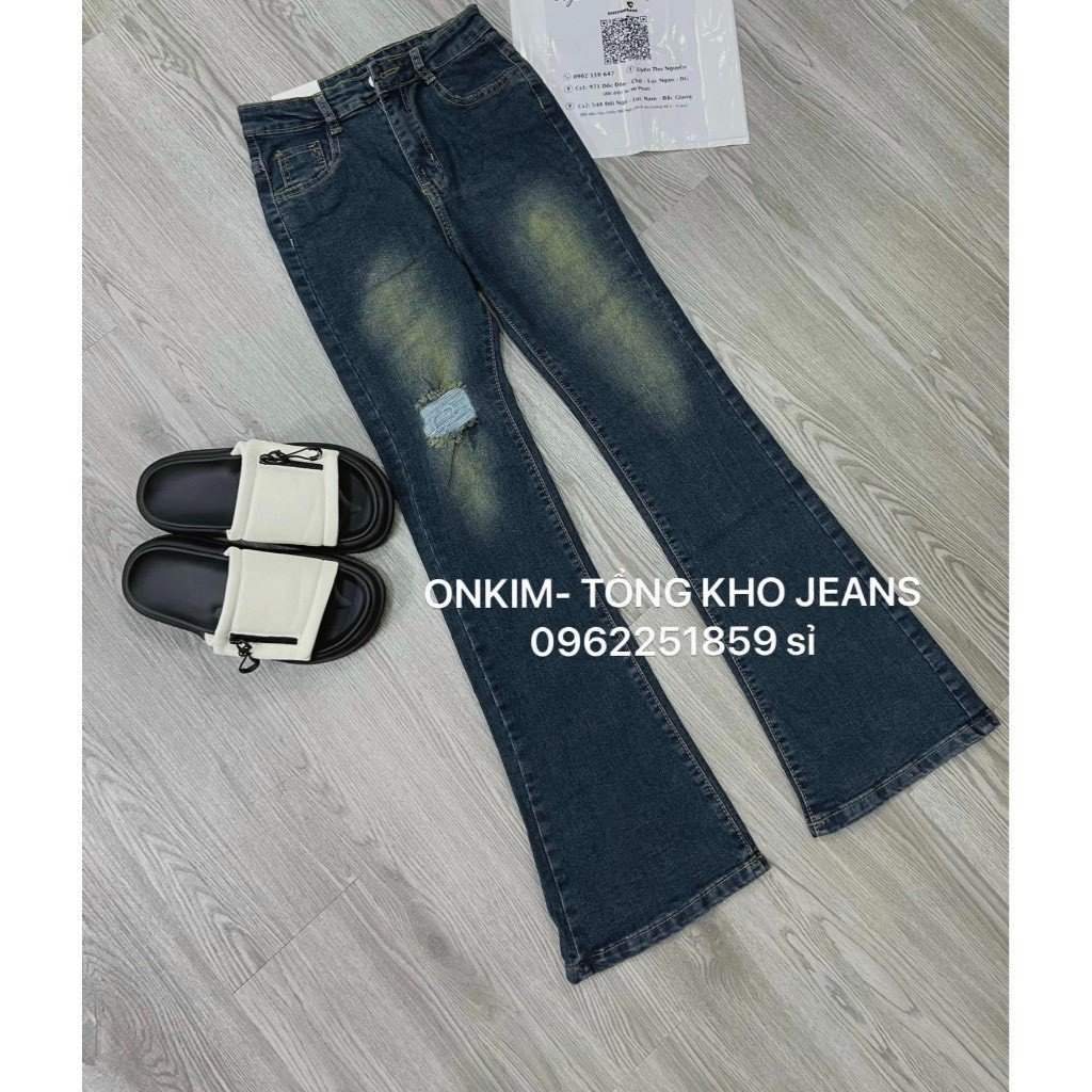 Quần jeans nữ ống loe rách đùi co giãn màu mài màu xanh bạc hack dáng MYRA