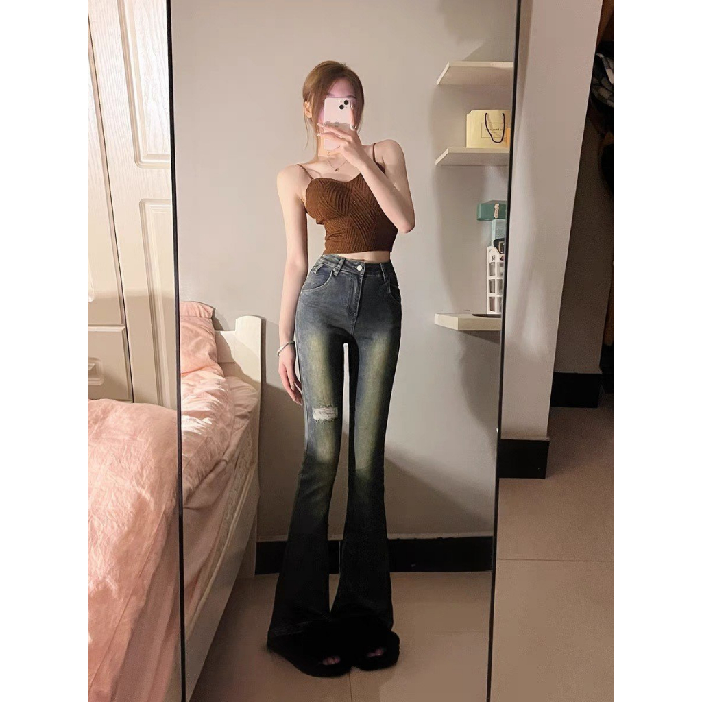 Quần jeans nữ ống loe rách đùi co giãn màu mài màu xanh bạc hack dáng MYRA