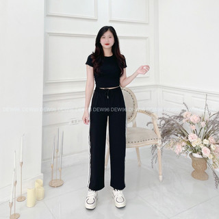 Quần ống suông, Quần ống rộng lưng thun cạp cao phối sọc trắng sườn chất vải Umi Hàn loại 1