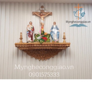 Trọn bộ bàn thờ công giáo treo tường phòng khách | bộ bàn thờ chúa bằng gỗ kèm tượng chịu nạn+ đức mẹ+giuse