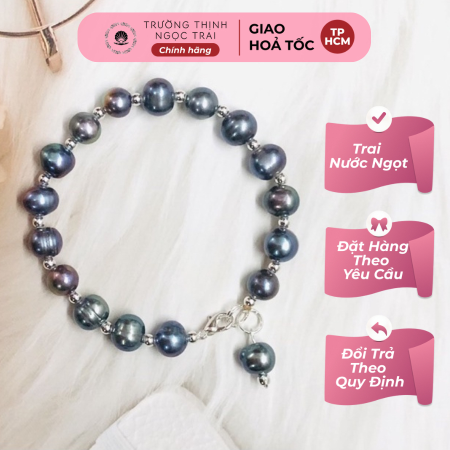 Vòng Tay Ngọc Trai Hạt Đen 8ly Mix Bi Bạc Ta Trắng - Ngọc Trai Trường Thịnh
