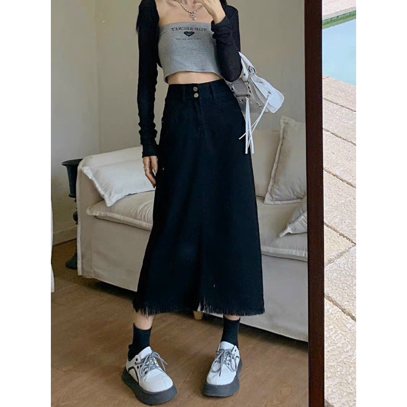 CHÂN VÁY JEANS dáng dài đen tua rua bigsize
