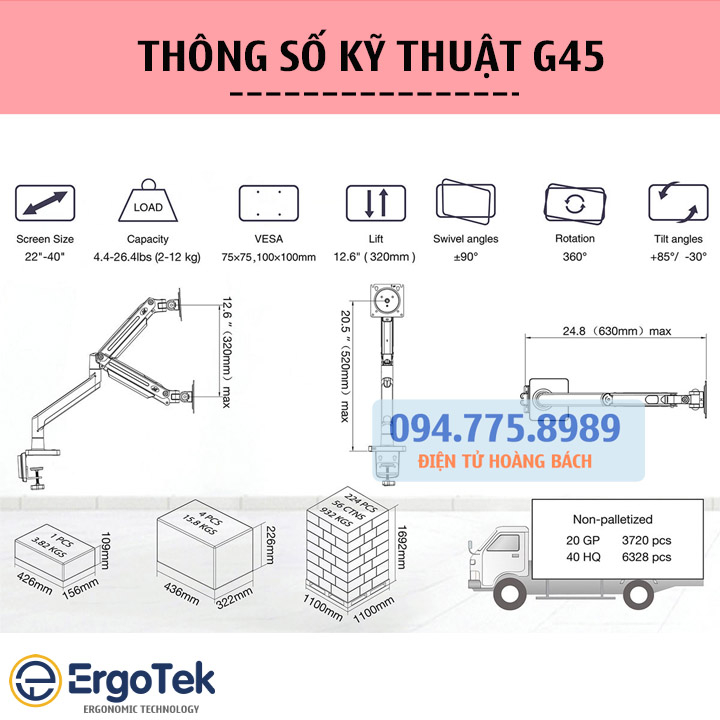 Giá Treo Màn Hình NB G45 22 - 40 Inch / Tay Arm Đỡ Màn Hình Máy Tính North Bayou