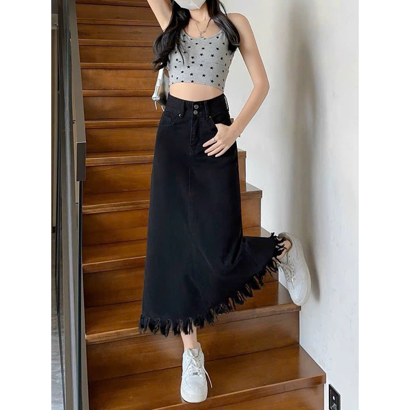 CHÂN VÁY JEANS dáng dài đen tua rua bigsize