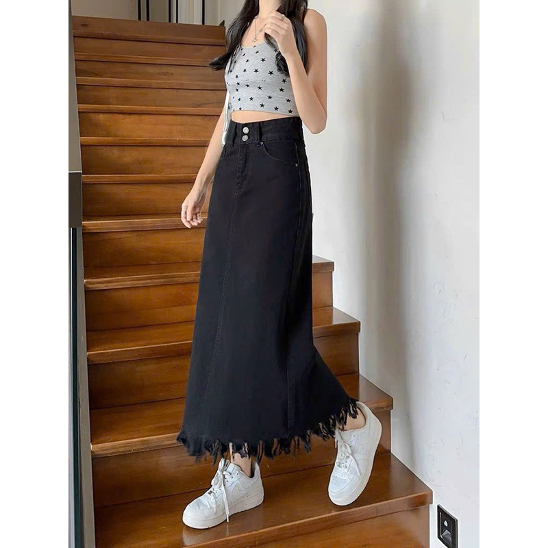 CHÂN VÁY JEANS dáng dài đen tua rua bigsize