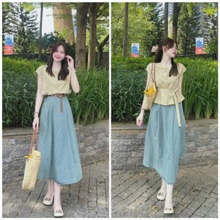 ⚡bán sỉ⚡set010-set áo đai be mix cv jeans xanh