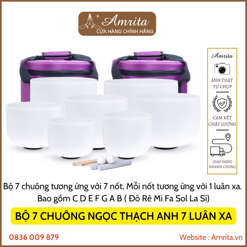BỘ CHUÔNG XOAY CRYSTAL TRẮNG 7 LUÂN XA -7 nốt chuông ngọc -chuông pha lê -chuông Ngọc thạch anh - Amrita
