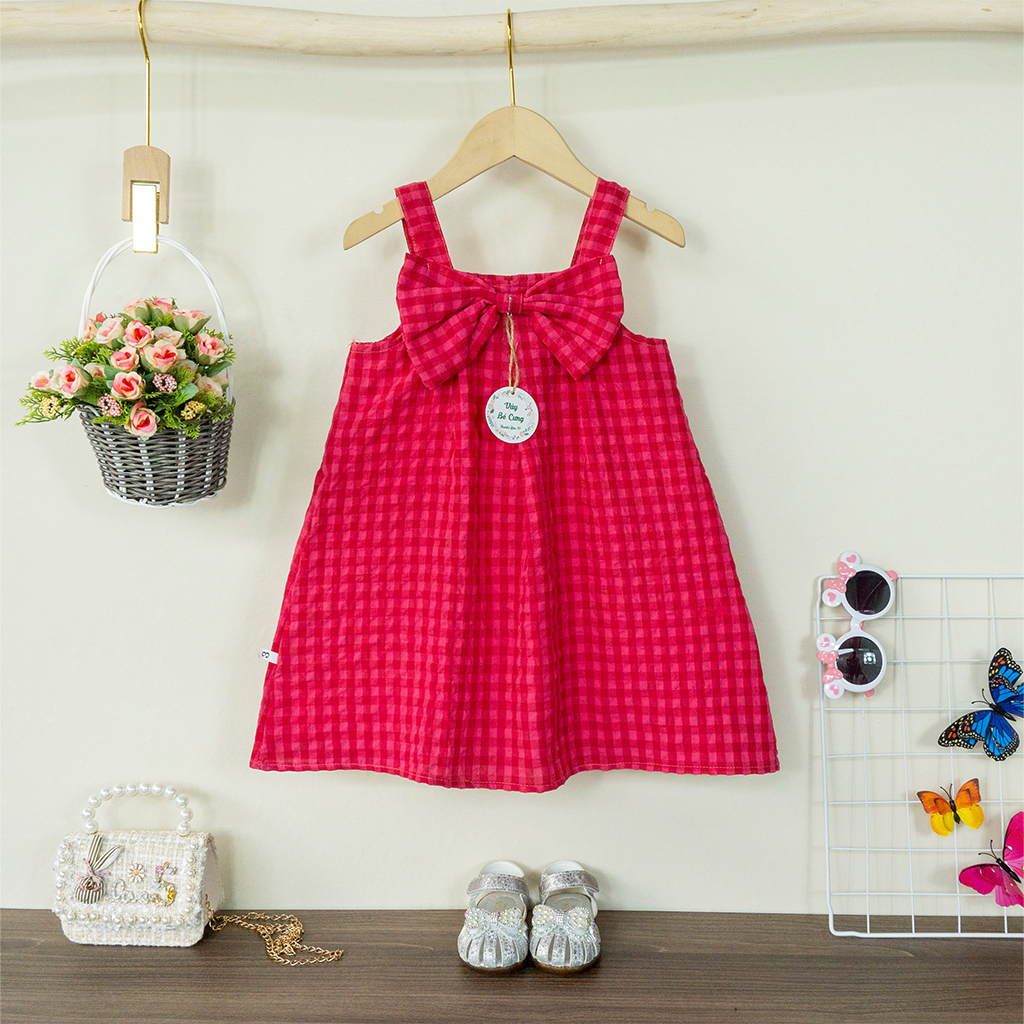 Váy bé gái, đầm bé gái kẻ Caro có nơ dễ thương cho bé