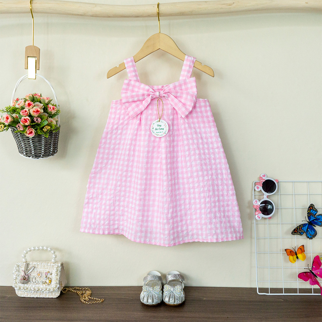 Váy bé gái, đầm bé gái kẻ Caro có nơ dễ thương cho bé