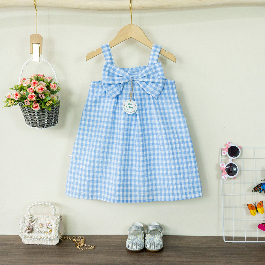 Váy bé gái, đầm bé gái kẻ Caro có nơ dễ thương cho bé