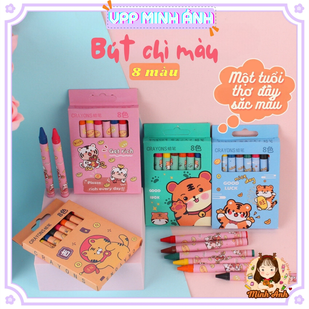Bút sáp màu cho bé tập vẽ tranh, hộp 8 bút màu sáp đồ dùng học tập văn phòng phẩm dễ thương, quà tặng học sinh đi học