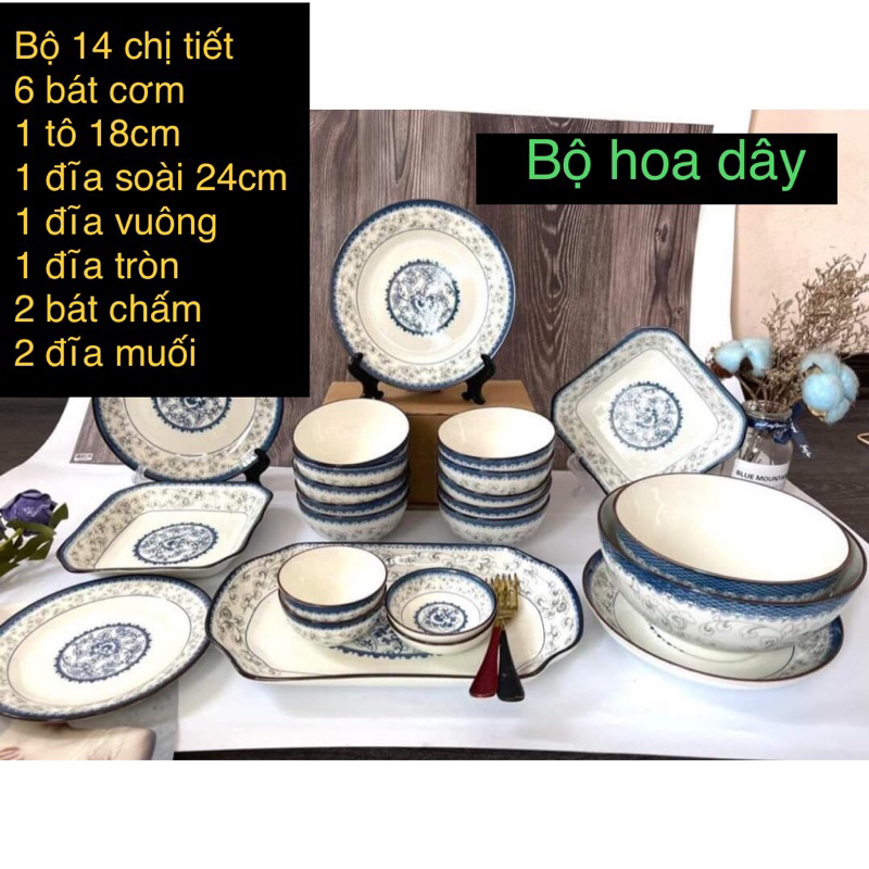 Bộ Bát Đĩa “Gia Đình Đầm Ấm” - Bộ Chén Dĩa Sứ Cao Cấp 14 Sản Phẩm Bát Tràng Men Đẹp, Dày Dặn
