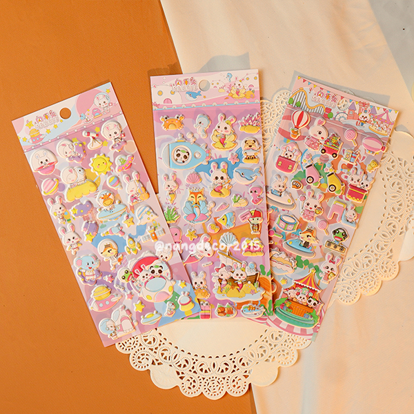 Hình dán sticker nổi 3D | Công Viên Thỏ 01 | hoạt hình dễ thương chống nước cho bé trai, bé gái | Nắng Decor