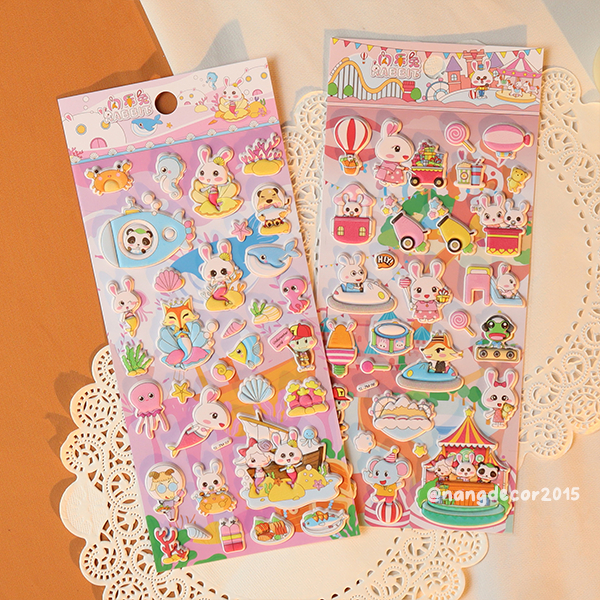 Hình dán sticker nổi 3D | Công Viên Thỏ 01 | hoạt hình dễ thương chống nước cho bé trai, bé gái | Nắng Decor