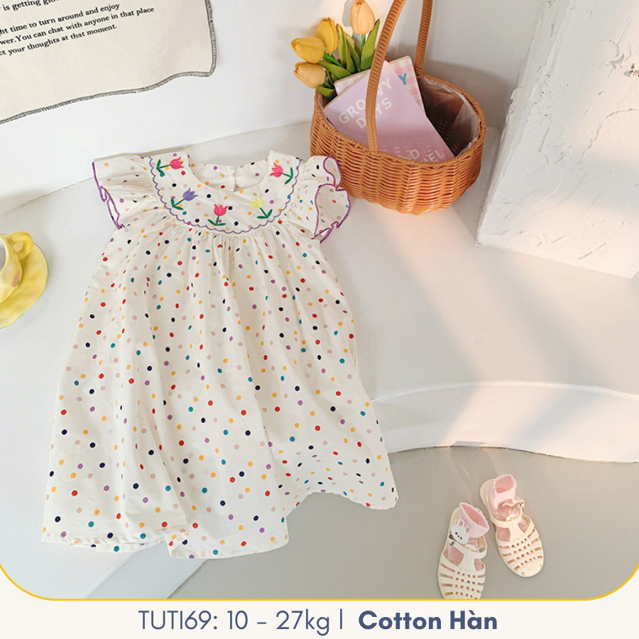 Váy bé gái TUTI69 với hoạ tiết chấm bi hoa tulip Pháp
