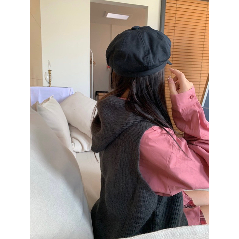 Áo gile len mũ thêu hình mèo dáng thụng kèm somi hồng oversize dầy dặn ấm thời trang trẻ trung hàn quốc