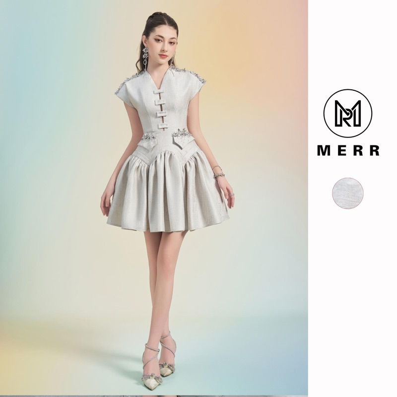 Váy Cover Cổ V Nơ Đính Cườm Kèm Ảnh Thật | MERRCHUYENVAY