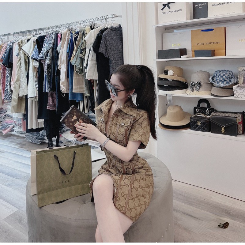 Váy Liền LV Có Cổ Tay Ngắn Tôn Eo